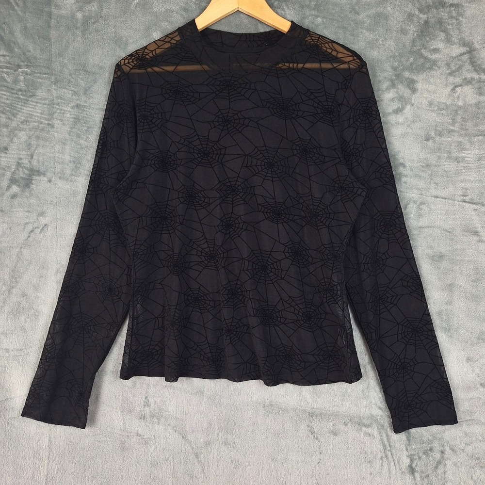 Womens Top XL Black Spiderweb Burnout Velvet Sheer Mesh Whimsigoth Witchy Grunge